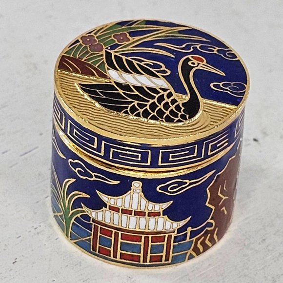 Vintage Cloisonne Enamel Miniature Trinket Snuff Crane Bird Lidded - Picture 7 of 9